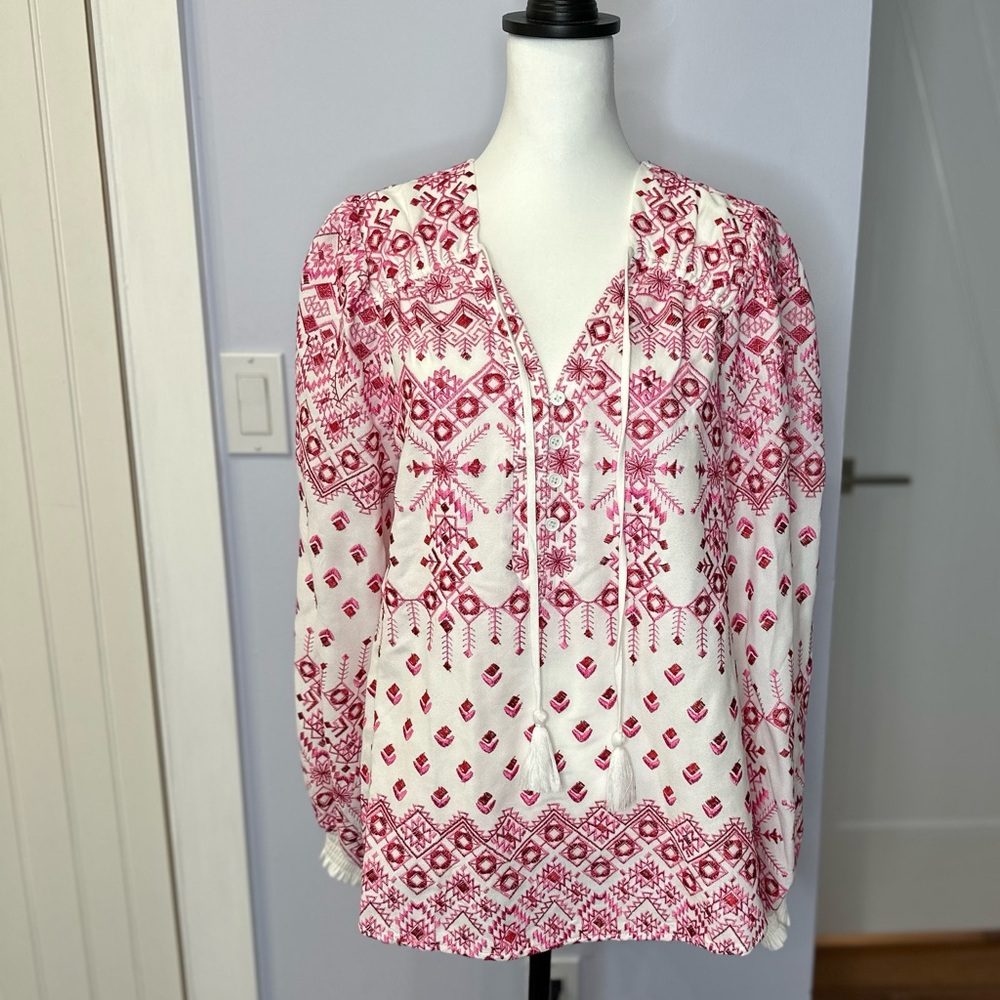 Hale Bob Women's Mimi embroidered Pink/White Top, size L, excellent condition